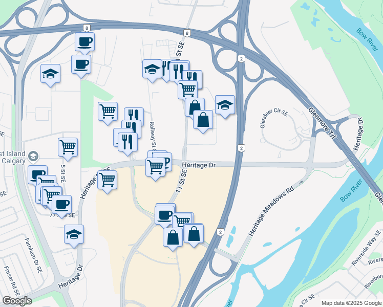 map of restaurants, bars, coffee shops, grocery stores, and more near 1221 73 Avenue Southeast in Calgary