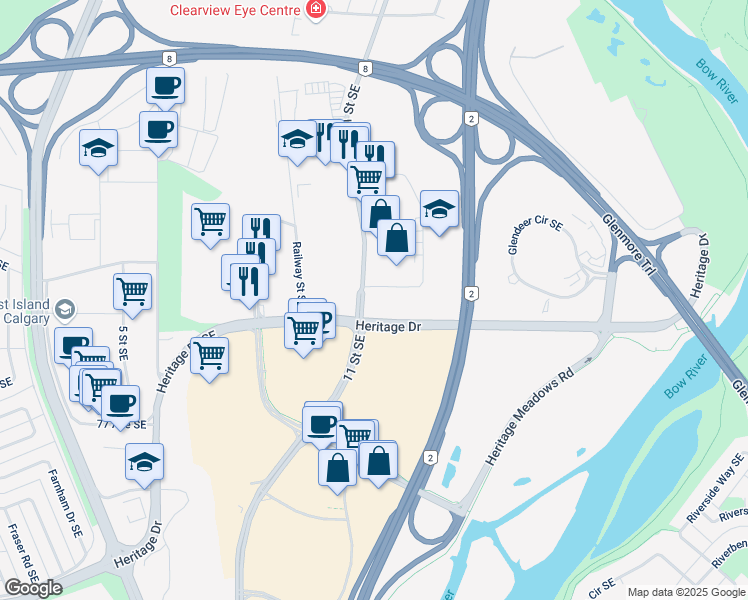 map of restaurants, bars, coffee shops, grocery stores, and more near 1221 73 Avenue Southeast in Calgary