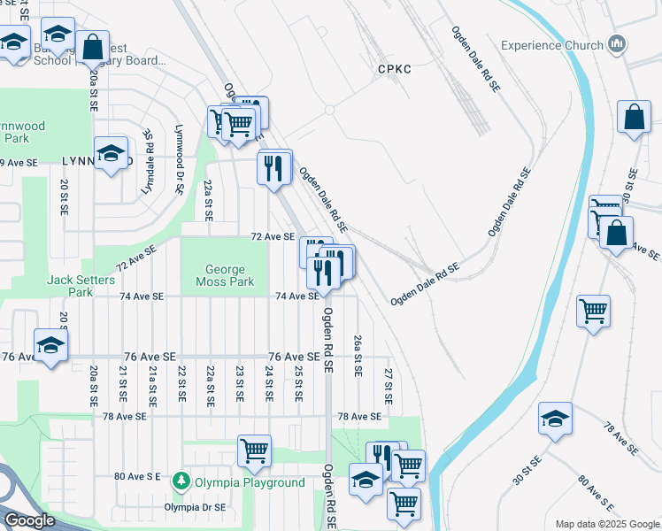 map of restaurants, bars, coffee shops, grocery stores, and more near 7236 Ogden Road Southeast in Calgary