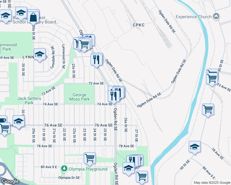 map of restaurants, bars, coffee shops, grocery stores, and more near 7236 Ogden Road Southeast in Calgary