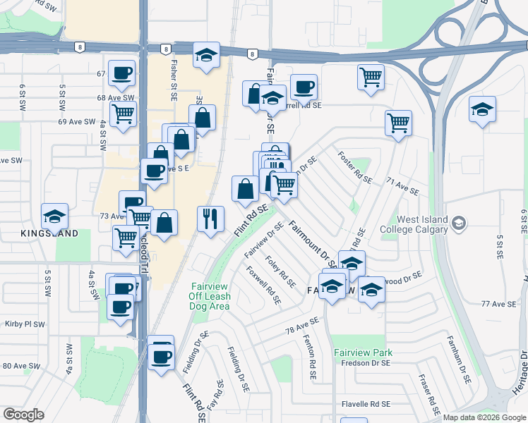 map of restaurants, bars, coffee shops, grocery stores, and more near 7240 Flint Road Southeast in Calgary