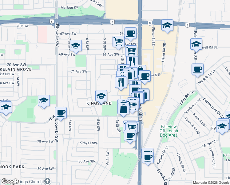 map of restaurants, bars, coffee shops, grocery stores, and more near 7375 4A Street Southwest in Calgary
