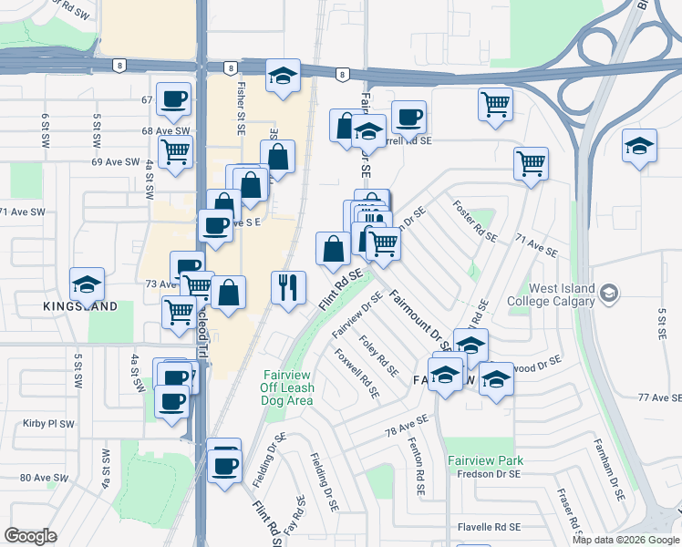 map of restaurants, bars, coffee shops, grocery stores, and more near 7240 Flint Road Southeast in Calgary