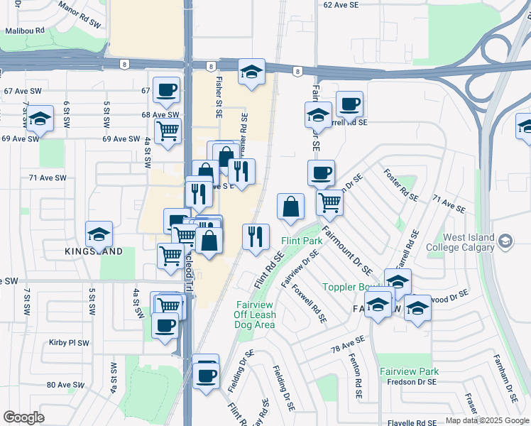 map of restaurants, bars, coffee shops, grocery stores, and more near 7203 Flint Place Southeast in Calgary
