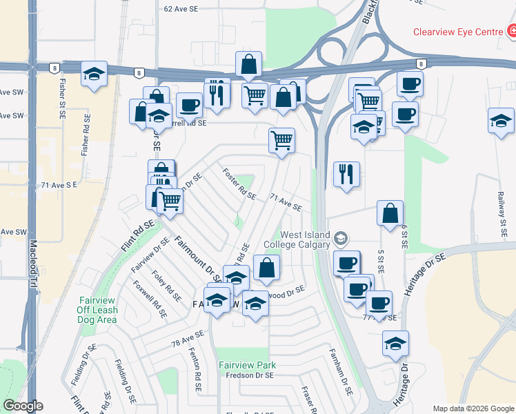 map of restaurants, bars, coffee shops, grocery stores, and more near in Calgary
