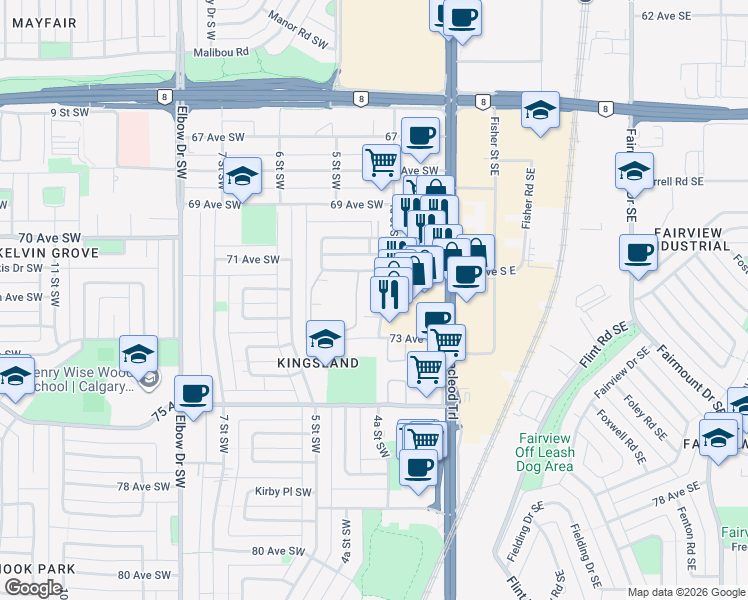 map of restaurants, bars, coffee shops, grocery stores, and more near in Calgary