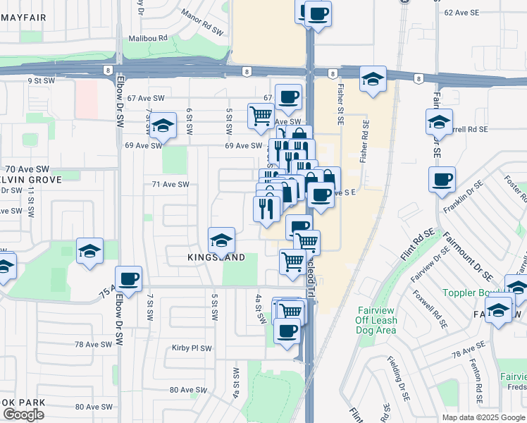 map of restaurants, bars, coffee shops, grocery stores, and more near in Calgary
