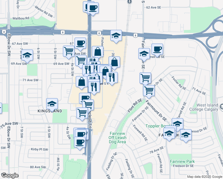 map of restaurants, bars, coffee shops, grocery stores, and more near 134 71 Avenue South East in Calgary