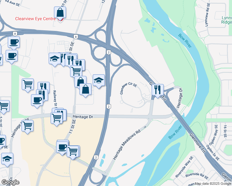 map of restaurants, bars, coffee shops, grocery stores, and more near 155 Glendeer Circle Southeast in Calgary