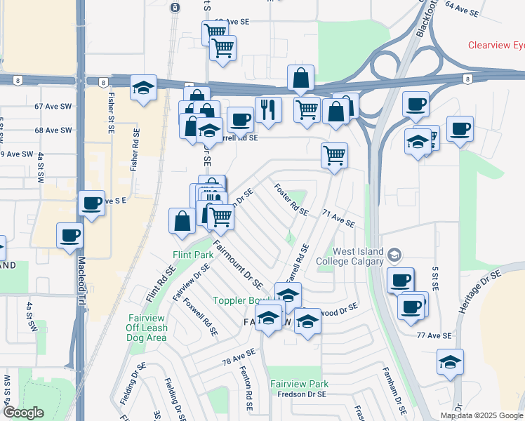 map of restaurants, bars, coffee shops, grocery stores, and more near 23 Fawn Crescent Southeast in Calgary