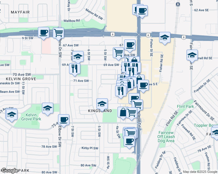 map of restaurants, bars, coffee shops, grocery stores, and more near 742 Kingsmere Crescent Southwest in Calgary