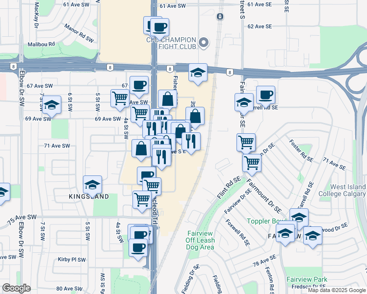 map of restaurants, bars, coffee shops, grocery stores, and more near 134 71 Avenue South East in Calgary