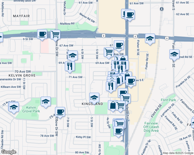 map of restaurants, bars, coffee shops, grocery stores, and more near 753 Kingsmere Crescent Southwest in Calgary