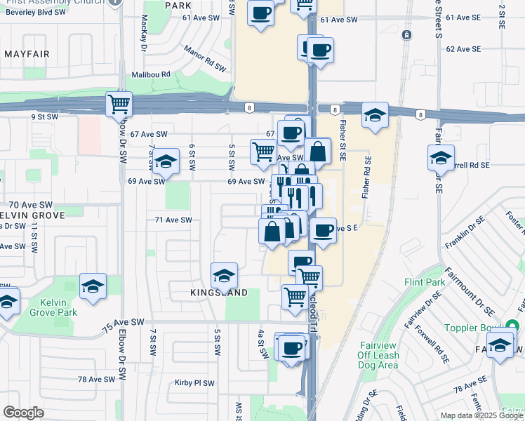 map of restaurants, bars, coffee shops, grocery stores, and more near in Calgary