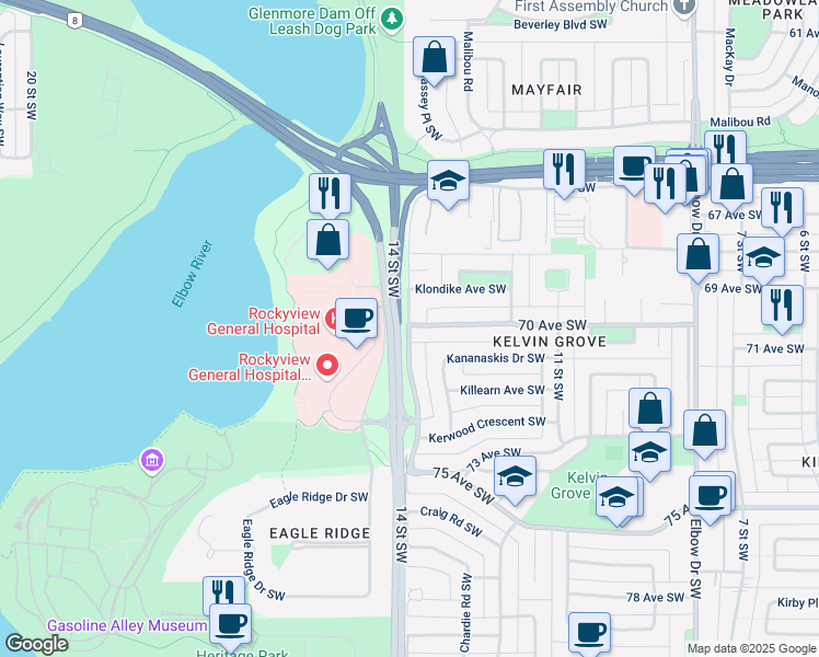 map of restaurants, bars, coffee shops, grocery stores, and more near 7212 Kew Street Southwest in Calgary