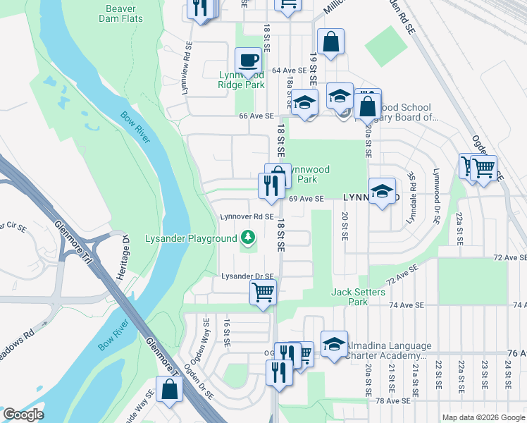 map of restaurants, bars, coffee shops, grocery stores, and more near 320 Lynnover Way Southeast in Calgary