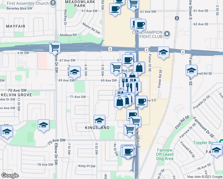 map of restaurants, bars, coffee shops, grocery stores, and more near in Calgary