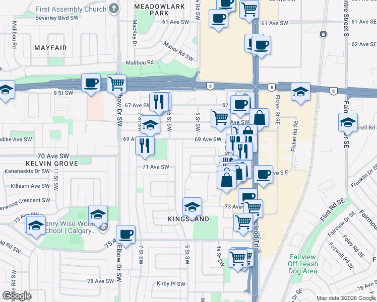 map of restaurants, bars, coffee shops, grocery stores, and more near 703 69 Avenue Southwest in Calgary
