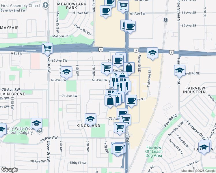 map of restaurants, bars, coffee shops, grocery stores, and more near 7007 4A Street Southwest in Calgary