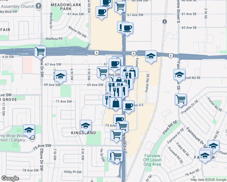map of restaurants, bars, coffee shops, grocery stores, and more near 7006 4A Street Southwest in Calgary