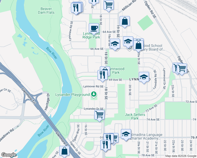 map of restaurants, bars, coffee shops, grocery stores, and more near 320 Lynnover Way Southeast in Calgary