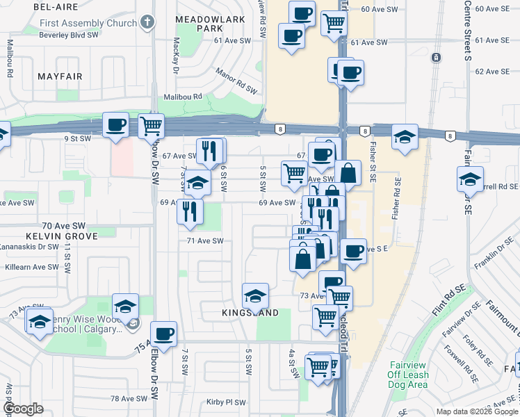 map of restaurants, bars, coffee shops, grocery stores, and more near 703 69 Avenue Southwest in Calgary