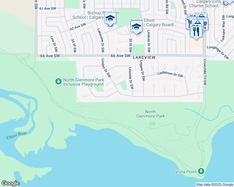 map of restaurants, bars, coffee shops, grocery stores, and more near 3061 Linden Drive Southwest in Calgary