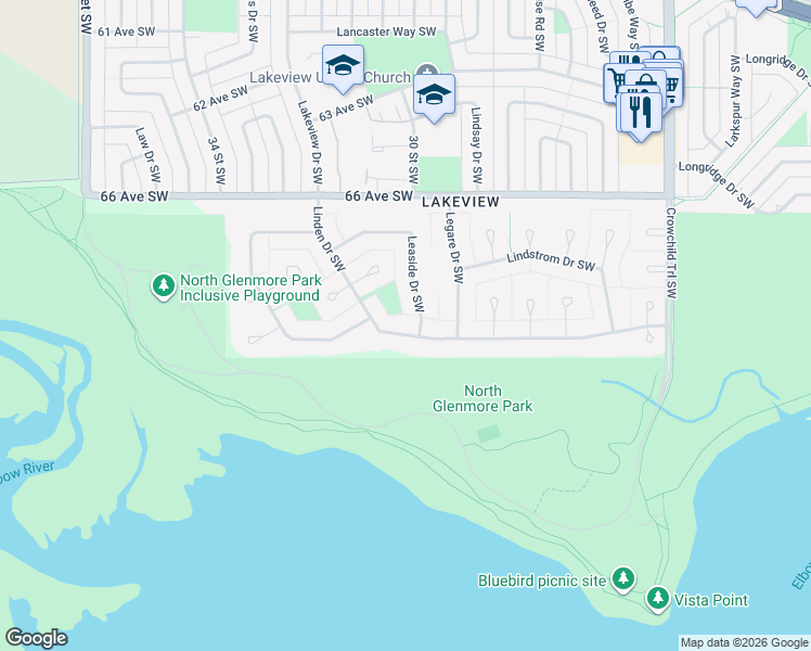 map of restaurants, bars, coffee shops, grocery stores, and more near 3034 Linden Drive Southwest in Calgary