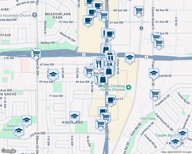 map of restaurants, bars, coffee shops, grocery stores, and more near 6825 Macleod Trail Southwest in Calgary