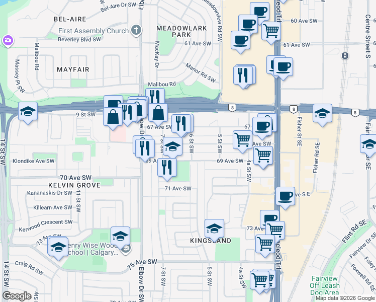 map of restaurants, bars, coffee shops, grocery stores, and more near 814 68 Avenue Southwest in Calgary