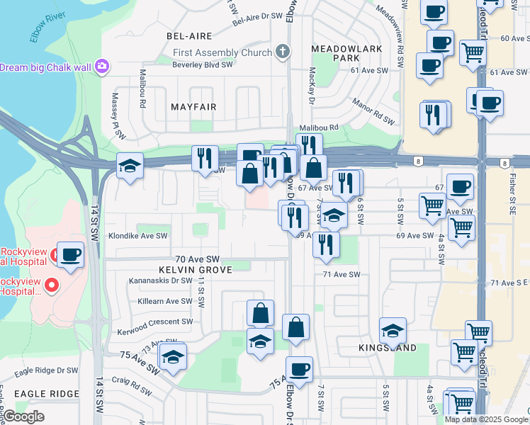 map of restaurants, bars, coffee shops, grocery stores, and more near 6707 Elbow Drive Southwest in Calgary
