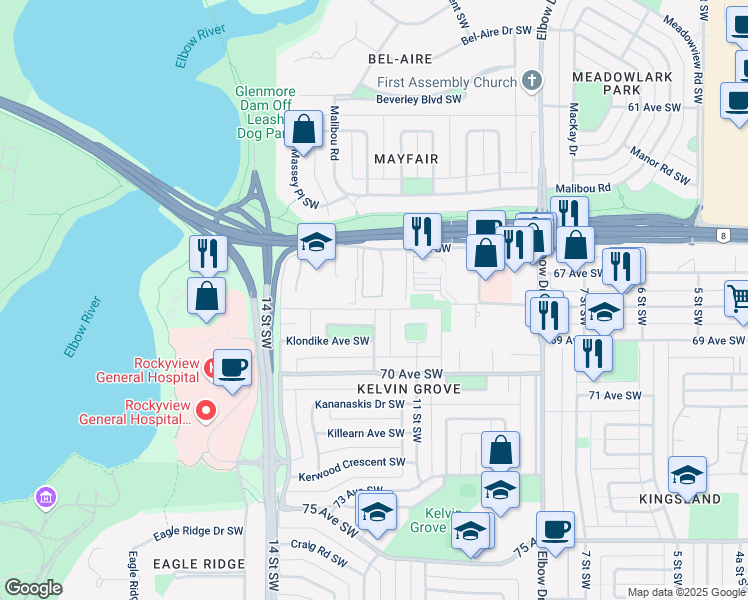 map of restaurants, bars, coffee shops, grocery stores, and more near 1305 Glenmore Trail Southwest in Calgary