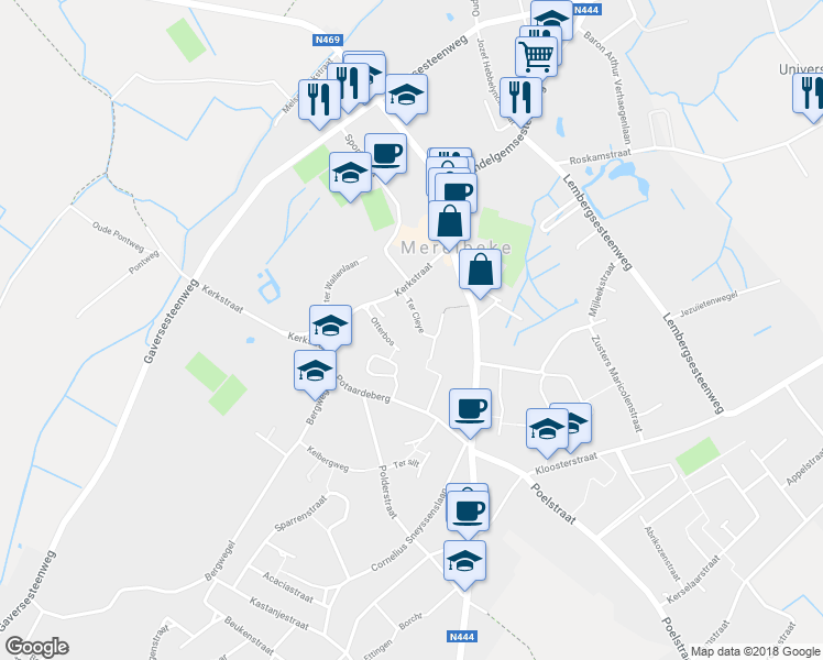 map of restaurants, bars, coffee shops, grocery stores, and more near 10 Ter Cleye in Merelbeke