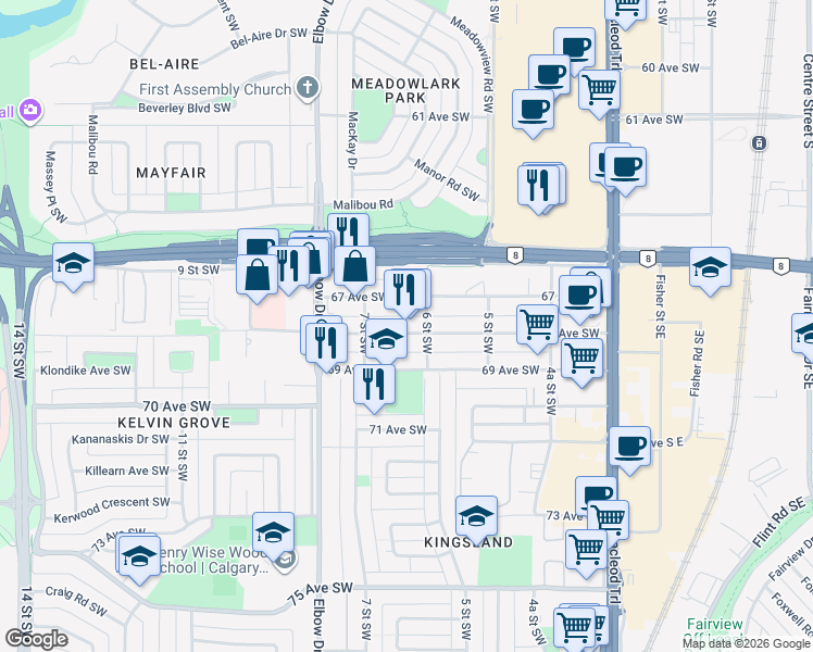 map of restaurants, bars, coffee shops, grocery stores, and more near 814 68 Avenue Southwest in Calgary