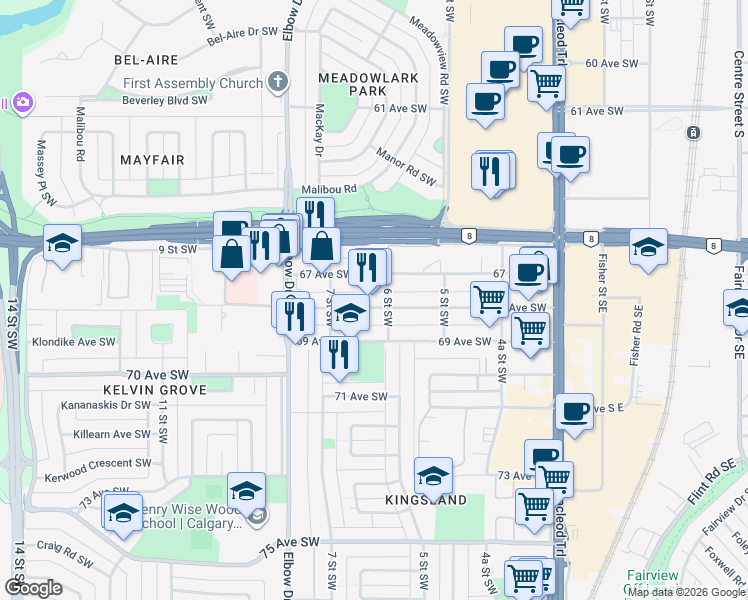 map of restaurants, bars, coffee shops, grocery stores, and more near 814 68 Avenue Southwest in Calgary
