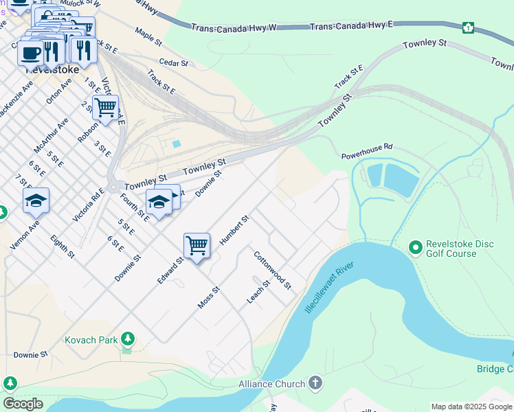 map of restaurants, bars, coffee shops, grocery stores, and more near 319 Humbert Street in Revelstoke