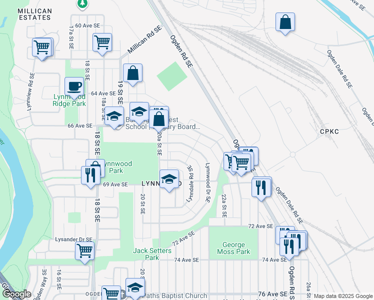 map of restaurants, bars, coffee shops, grocery stores, and more near 43 Lynnwood Drive Southeast in Calgary
