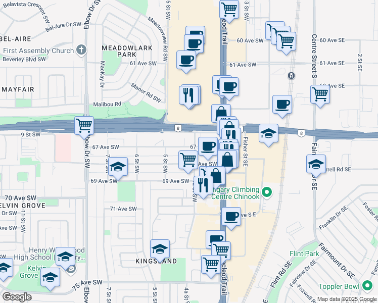 map of restaurants, bars, coffee shops, grocery stores, and more near 605 67 Avenue Southwest in Calgary