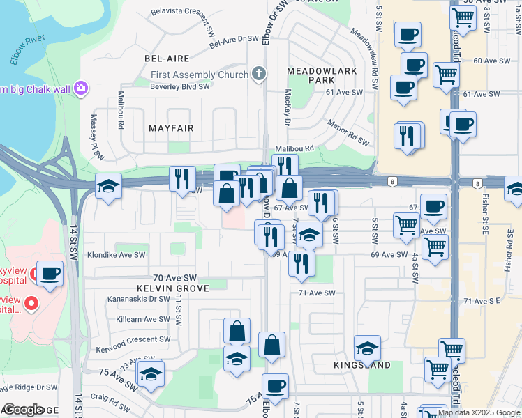 map of restaurants, bars, coffee shops, grocery stores, and more near 6707 Elbow Drive Southwest in Calgary