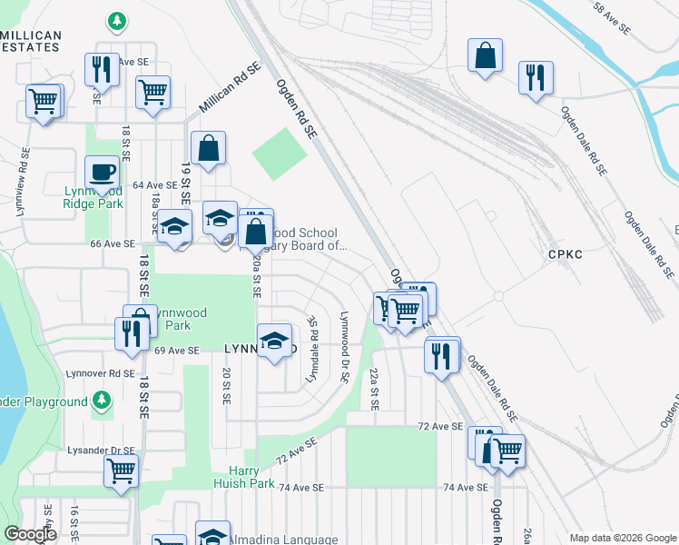 map of restaurants, bars, coffee shops, grocery stores, and more near 2236 Crestwood Road Southeast in Calgary