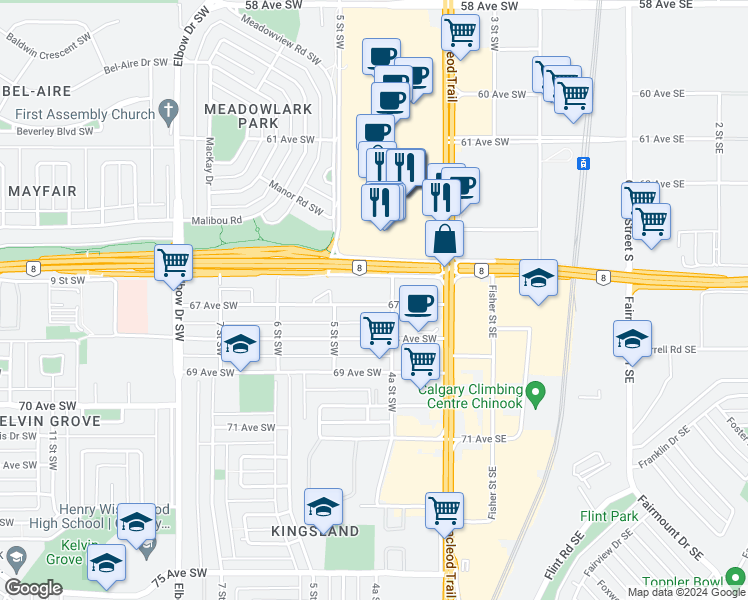 map of restaurants, bars, coffee shops, grocery stores, and more near 612 67 Avenue Southwest in Calgary