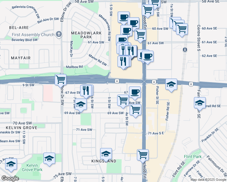 map of restaurants, bars, coffee shops, grocery stores, and more near 2191 5 Street Southwest in Calgary