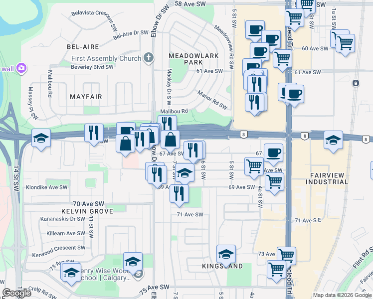 map of restaurants, bars, coffee shops, grocery stores, and more near 820 67 Avenue Southwest in Calgary