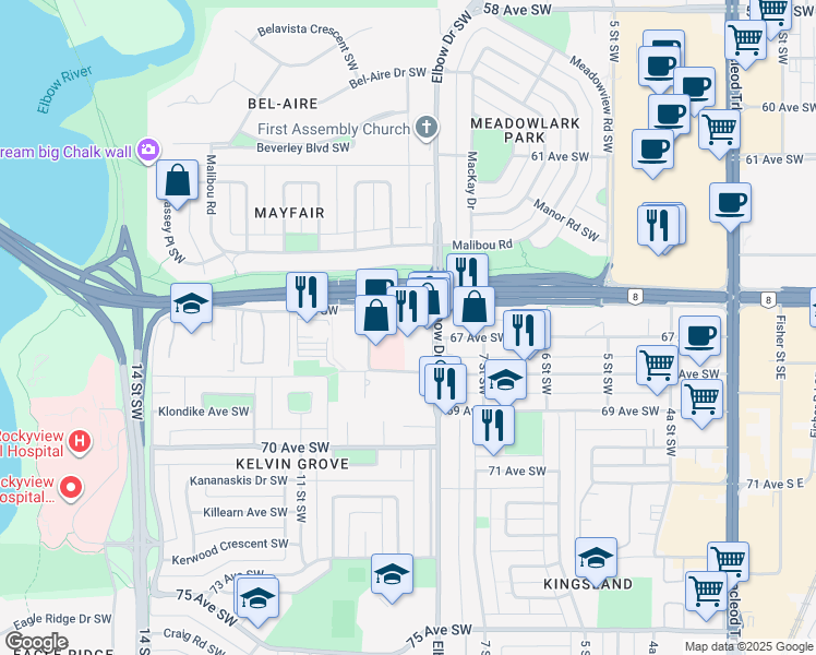 map of restaurants, bars, coffee shops, grocery stores, and more near 6707 Elbow Drive Southwest in Calgary