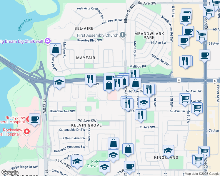 map of restaurants, bars, coffee shops, grocery stores, and more near 1011 9 Street Southwest in Calgary