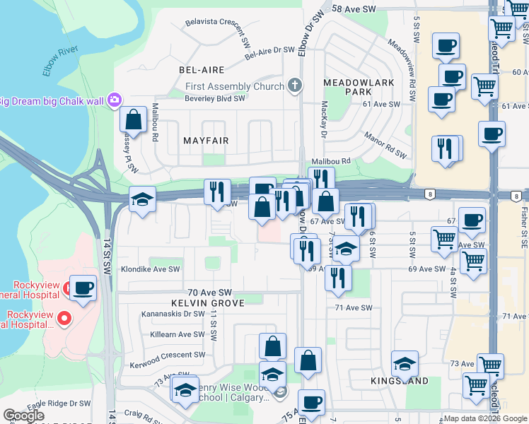 map of restaurants, bars, coffee shops, grocery stores, and more near 1011 9 Street Southwest in Calgary