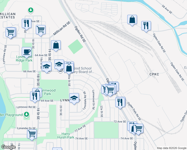 map of restaurants, bars, coffee shops, grocery stores, and more near 2236 Crestwood Road Southeast in Calgary