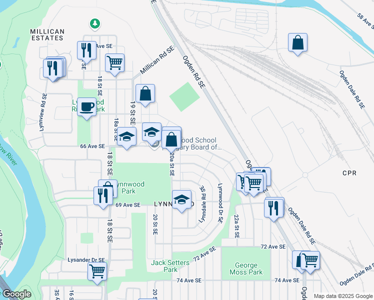 map of restaurants, bars, coffee shops, grocery stores, and more near 2115 66 Avenue Southeast in Calgary
