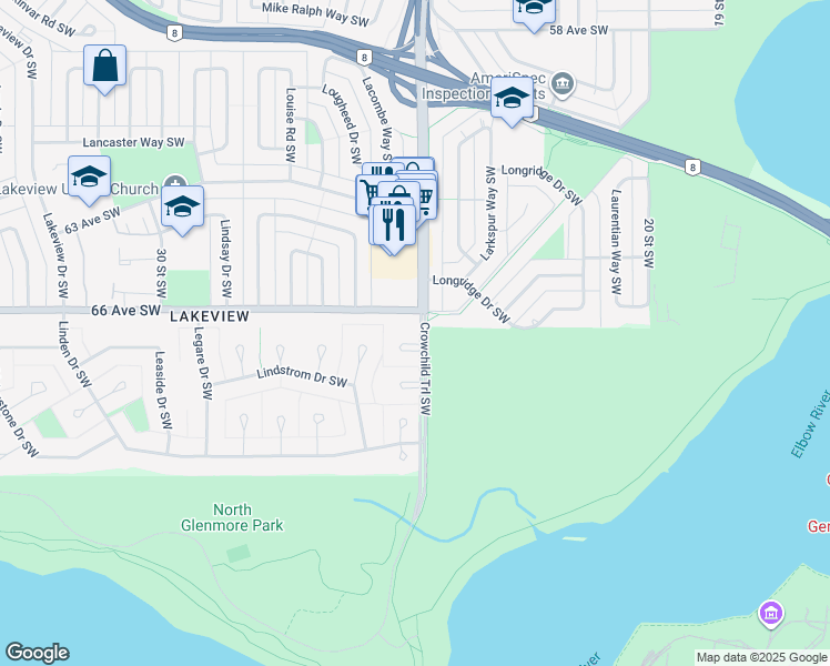map of restaurants, bars, coffee shops, grocery stores, and more near 6705 Crowchild Trail Southwest in Calgary