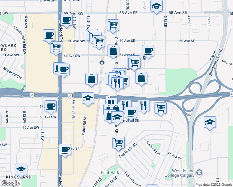 map of restaurants, bars, coffee shops, grocery stores, and more near 6624 Centre Street Southwest in Calgary